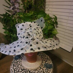 Beige and black polka dot kentucky hat church hat